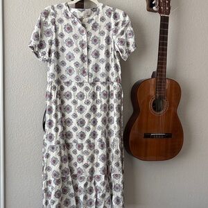 LOFT White and Pink Floral Midi Dress